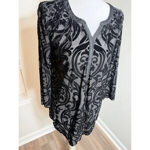Alfani Womens Small Black Grey Velvet Damask Mesh Tunic 3/4 Sleeve Split Neck